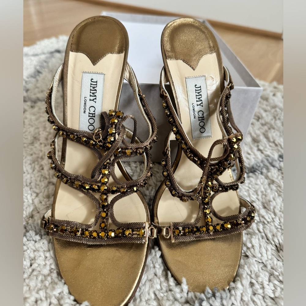 Jimmy Choo Gold Metallic Leather Jewel Embellished Strappy Sandals